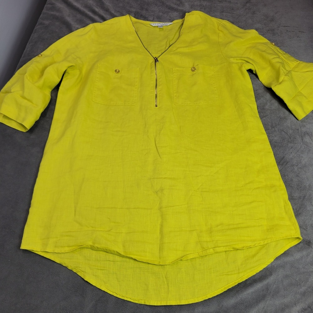 Company Ellen Tracy Womens M Limeade 100% Linen Zip V-Neck Tunic Top‎ Roll Tab